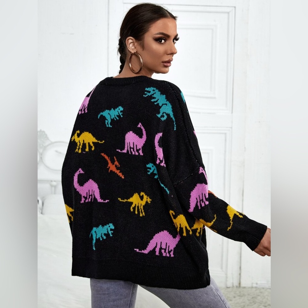 Oversized Dino Pattern Drop Shoulder Sweater - Picture 2 of 6
